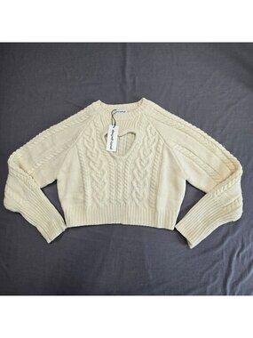 NEW Pretty Garbage Large Sweater Cable Knit Cream Heart Keyhole Cropped